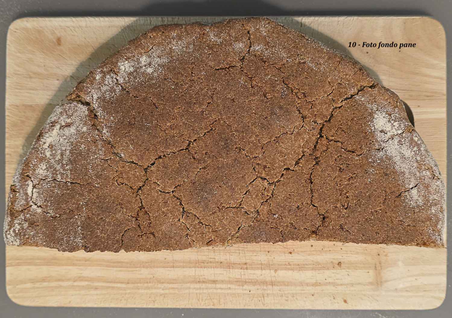 fondo del pane integrale di monococco con cottura completa e microfratture superficiali