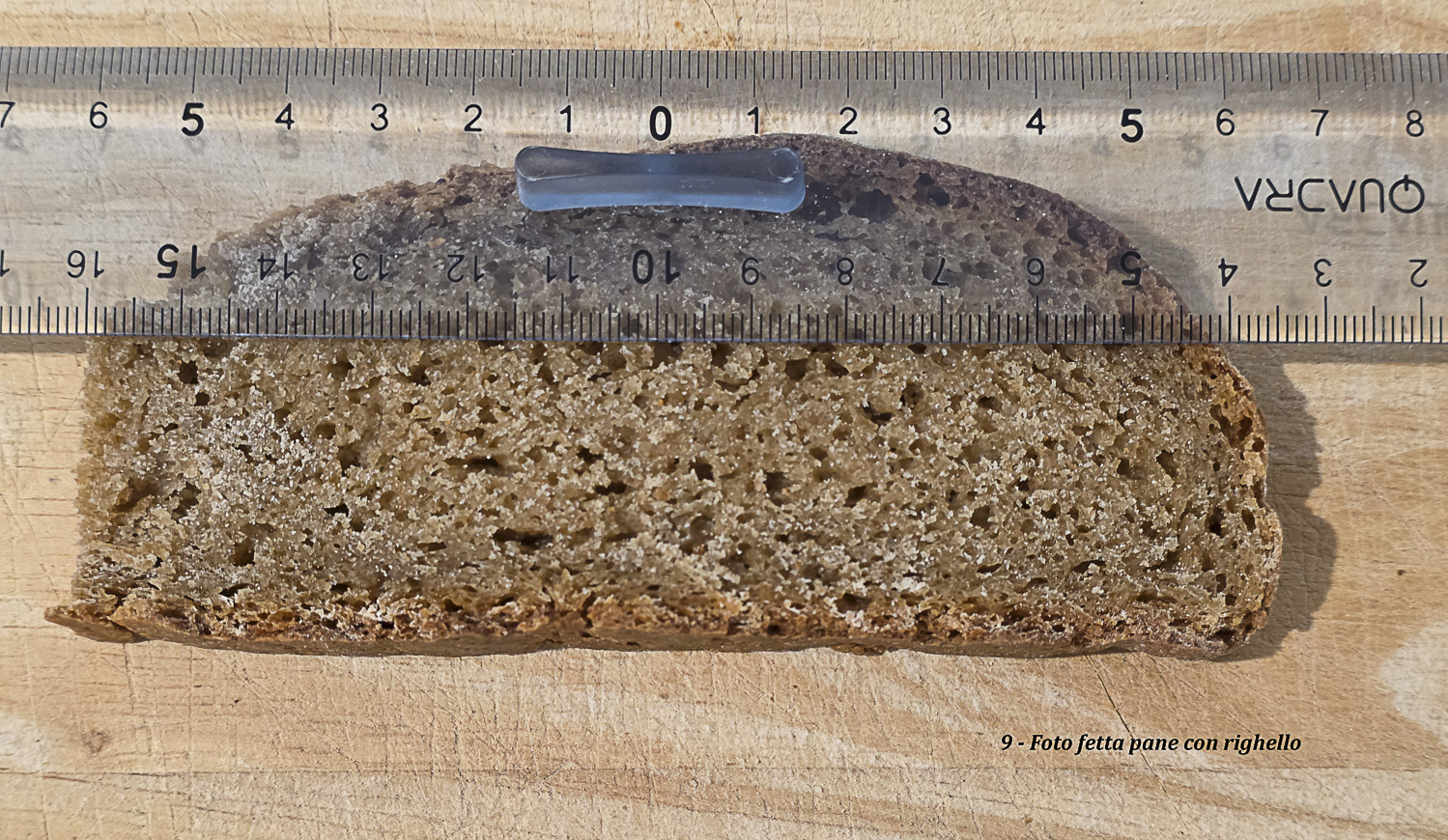 fetta di pane di monococco con righello per mostrare dimensione e struttura dell’alveolatura